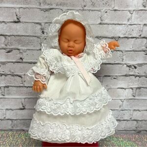 BABY DOLL Vintage 10in Newborn Simba Sleeping Ruffle Gown Bonnet